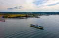 Aerial view of ferry ships by the coast of Chiloe Island in Chacao channel