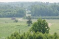 Aerial view of field, winding country road and forest