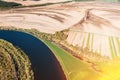 Aerial View Fields And River Landscape In Sunny Spring Summer Day. Top View Of Nature, Bird's Eye View. Trees Royalty Free Stock Photo