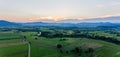 Aerial view of fields at sunset. Royalty Free Stock Photo