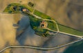 Aerial view of the fields, wineries near San Quirico d`Orcia. Tuscany autumn sunrise