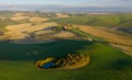 Tuscany, Siena, October 19, 2019. Aerial view of the fields, wineries near San Quirico d'Orcia. Tuscany autumn sunrise