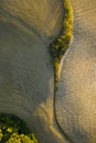 Aerial view of the fields, wineries near San Quirico d`Orcia. Tuscany autumn sunrise