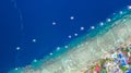 Aerial view of Filipino boats floating on top of clear blue waters, Moalboal is a deep clean blue ocean and has many local Royalty Free Stock Photo