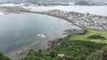 Aerial view filmed from Seongsan Ilchulbong (Sunrise Peak) in Jeju, South Korea. Royalty Free Stock Photo