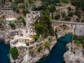 Aerial view of Fiordo di furore beach. Incredible beauty panorama of a paradise. The rocky seashore of southern Italy. Sunny