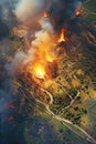 aerial view of a fire ravaging a landscape Royalty Free Stock Photo