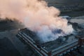 Aerial view fire with smoke in industrial factory or another industrial building