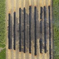 Aerial view on the fireman truck working on the field on fire