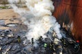 Aerial view of firemen fighting with fire near old factory biulding in industrial area Royalty Free Stock Photo