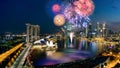 Aerial view of Fireworks celebration over Marina bay in Singapore. New year day 2018 or National day celebration at Singapore. As Royalty Free Stock Photo