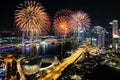 Aerial view of Fireworks celebration over Marina bay in Singapore. New year day 2018 or National day celebration at Singapore. As Royalty Free Stock Photo