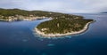 Aerial view of the Fiscardo fishing village and Venetian lighthouse on Kefalonia island Royalty Free Stock Photo