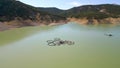 Aerial view of fish farm in Antalya Korkuteli dam lake on a sunny day