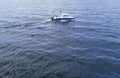 Aerial view fisherman on boat at the ocean. Top view beautiful seascape with the fishing boat. Aerial view fishing motor boat with