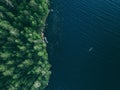 Aerial view fishing boat in blue lake and green woods in Finland