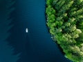 Aerial view fishing boat in blue lake and green woods in Finland