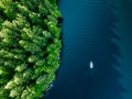 Aerial view fishing boat in blue lake and green woods in Finland Royalty Free Stock Photo