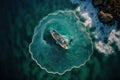 Aerial view of fishing boat casting a net for catching fishes. Generative AI