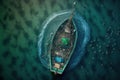 Aerial view of fishing boat casting a net for catching fishes. Generative AI