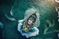 Aerial view of fishing boat casting a net for catching fishes. Generative AI