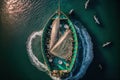 Aerial view of fishing boat casting a net for catching fishes. Generative AI