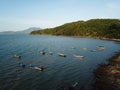 Aerial view fishing boat park at seashore.