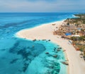 Aerial view of the fishing boats on tropical sea coast Royalty Free Stock Photo