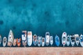 Aerial view of the fishing boats and yachts on tropical sea coast Royalty Free Stock Photo