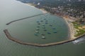 Aerial view fishing harbour with boat