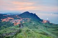 Aerial view of a fishing village at dusk on northern coast of Taipei Taiwan Royalty Free Stock Photo