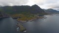 Aerial view of fishing village A in Lofoten islands at midnight sun, Norway Royalty Free Stock Photo