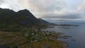 Aerial view of fishing village A in Lofoten islands at midnight sun, Norway Royalty Free Stock Photo
