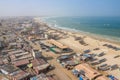 Aerial view of fishing village, pirogues fishing boats in Kayar, Senegal.  Photo made by drone from above. Africa Landscapes Royalty Free Stock Photo