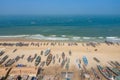 Aerial view of fishing village, pirogues fishing boats in Kayar, Senegal.  Photo made by drone from above. Africa Landscapes Royalty Free Stock Photo