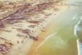 Aerial view of fishing village, pirogues fishing boats in Kayar, Senegal. Photo made by drone from above. Africa Landscapes