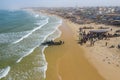 Aerial view of fishing village, pirogues fishing boats in Kayar, Senegal.  Photo made by drone from above. Africa Landscapes Royalty Free Stock Photo