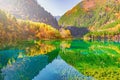 Aerial view of Five Flower Lake at autumn sunrise time. Royalty Free Stock Photo