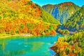 Aerial view of Five Flower Lake at autumn sunrise time. Royalty Free Stock Photo