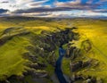 Aerial view of Fjadrargljufur canyon in Iceland