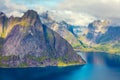 Aerial view of the fjord from the mountain. Reine, Norway Royalty Free Stock Photo