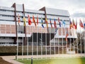 Aerial view of Flag of Russia flying half-mast at Council of Eur