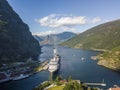 Aerial view of Flam tourist village and Aurlandsfjorden Royalty Free Stock Photo