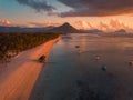 Aerial view of Flic and Flac, Mauritius in sunset light. Exotic beach sunset Royalty Free Stock Photo