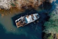 aerial view of flipped boat in river Royalty Free Stock Photo