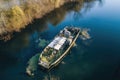 aerial view of flipped boat in river Royalty Free Stock Photo