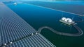 Aerial view floating solar cell power plant with solar cell generate the electric on the lake, Floating solar panels and cell