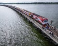 Aerial view of the floating train in Pasak Chonlasit Dam, Lopburi, Thailand