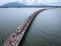 Aerial view of the floating train in Pasak Chonlasit Dam, Lopburi, Thailand