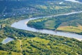 Aerial view on the flood land the great river during summer. Royalty Free Stock Photo